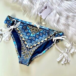 Jessica Simpson Navy Blue Medallion Boho Floral Side Tie Bikini Bottoms